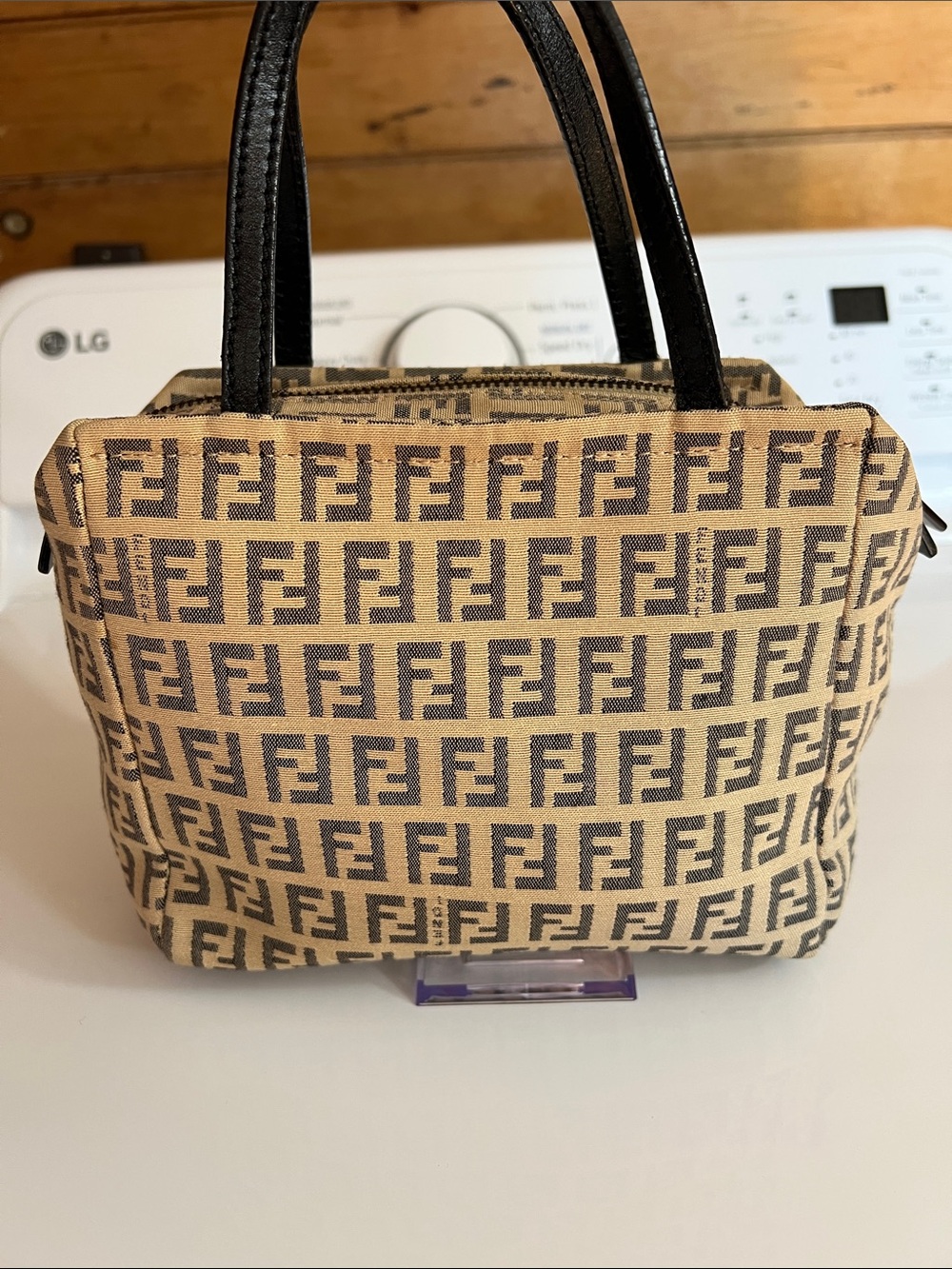 Fendi Beige Canvas Mini Tote with Black Handles